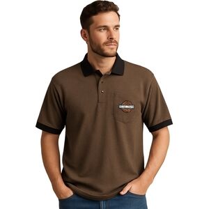 HARLEY-DAVIDSON Polo Shirt Mens Medium Brown Black Logo Biker Casual Retro Dad
